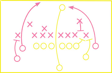Diagram illustrating a simplified American football offensive passing play design with routes drawn in yellow and pink markers.