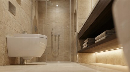 Modern bathroom interior featuring a sleek toilet, glass shower enclosure, and neatly arranged towels on wooden shelves, showcasing contemporary plumbing design and elegance