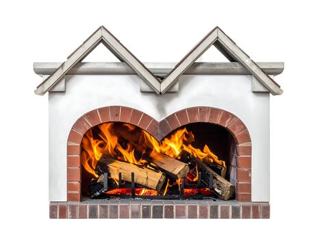 A cozy fireplace with red brick trim and roaring flames, framed by a house-like white mantelpiece against a white background