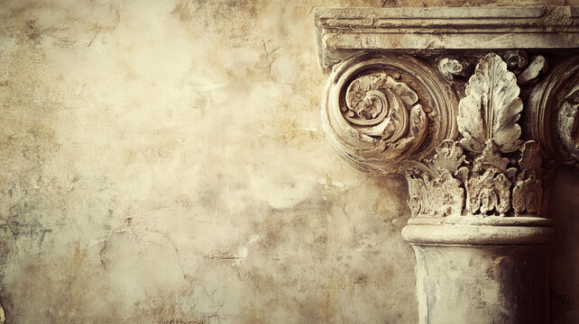 Antique background with Corinthian capital. Antique Ancient Roman wallpaper with Corinthian order. Old plaster concept background.