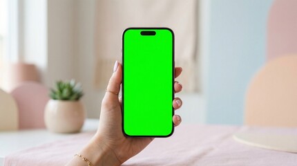 close-up of a hand holding a modern smartphone with bright green screen isolated on a clean background. Perfect for mockup, mobile app presentation, advertising, and digital marketing concept