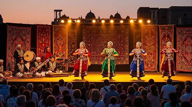Energetic traditional dancers in colorful costumes performing on an outdoor stage with musicians playing instruments during a vibrant cultural festival at sunset.