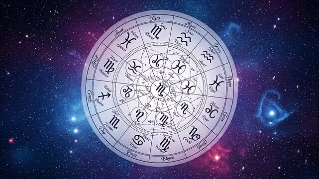 Detailed astrology zodiac wheel chart with constellations and starry cosmic background