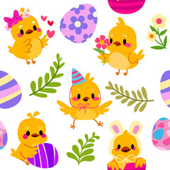 Obraz premium Cute Easter pattern with cartoon yellow chick, wearing hat with bunny ears, colorful eggs and flowers. Seamless background, wallpaper for kids designs, happy baby animals for wrapping paper