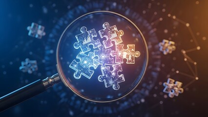Obraz premium Complex problem solving and system integration. Business strategy and analytical research. Magnifying glass focusing on glowing digital puzzle pieces.