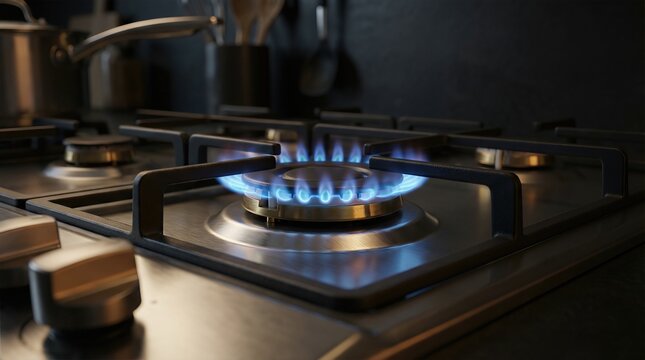 Gas stove burner ignited with blue flames, showcasing stainless steel surface and surrounding kitchen utensils in a modern cooking environment