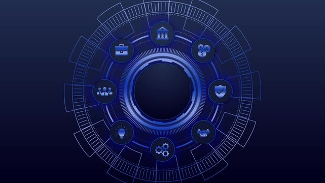 Futuristic blue interface with circular and concentric rings technology background with glowing blue lines and shapes