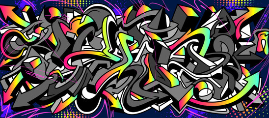 Obraz premium Abstract graffiti background with vibrant colors, dynamic flowing waves, bubbles and arrows shapes. Graffiti vector urban theme for prints, banners, and textiles