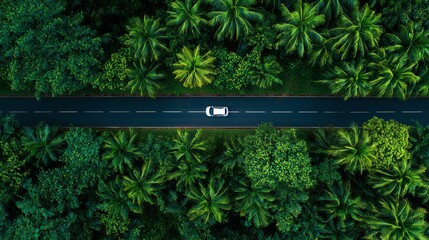 Aerial view of a car on a forest road.