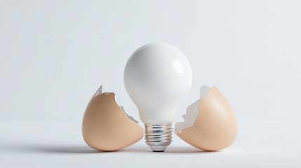 A light bulb emerging from an eggshell.