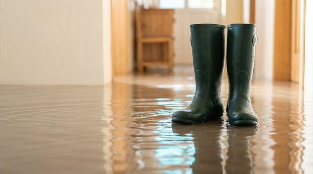 Green rubber boots standing on flooded floor inside a home, water covering the ground with wooden furniture visible in the background