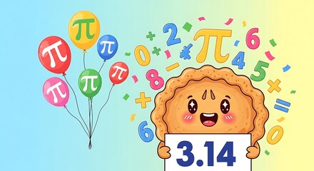Fototapeta premium A cartoon pie holding a sign with the number 3.14 surrounded by colorful balloons and mathematical symbols