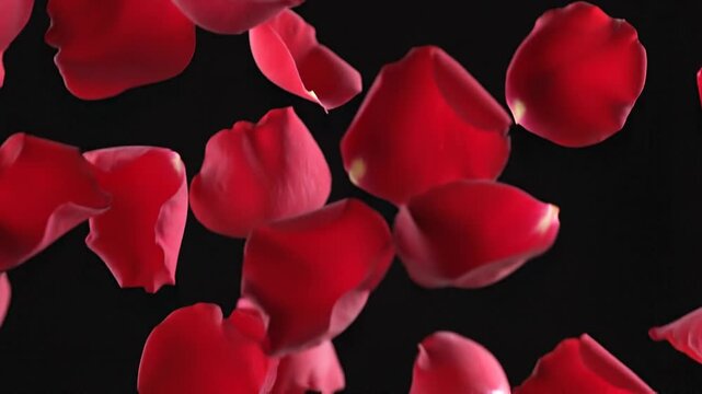 Super Slow Motion Falling Rose Petals on Clear Black Background