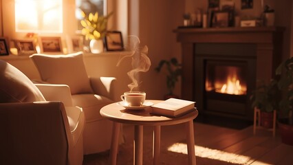 Cozy Living Room with Fireplace and Warm Sunlight