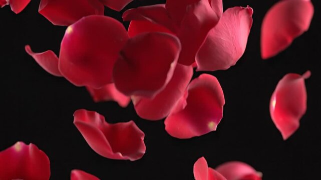 Super Slow Motion Falling Rose Petals on Clear Black Background