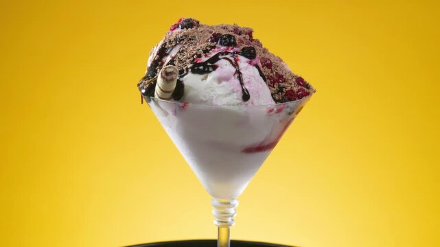 Fruit ice cream in a glass goblet covered with chocolate fudge slowly rotates around its axis