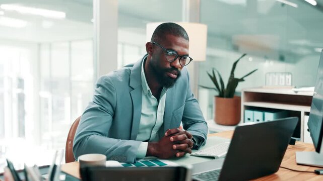 Video call, discussion or black man in office with laptop, funding pitch or feedback on client portfolio. Digital, stats or finance analyst with tech, online meeting or investment proposal in firm.