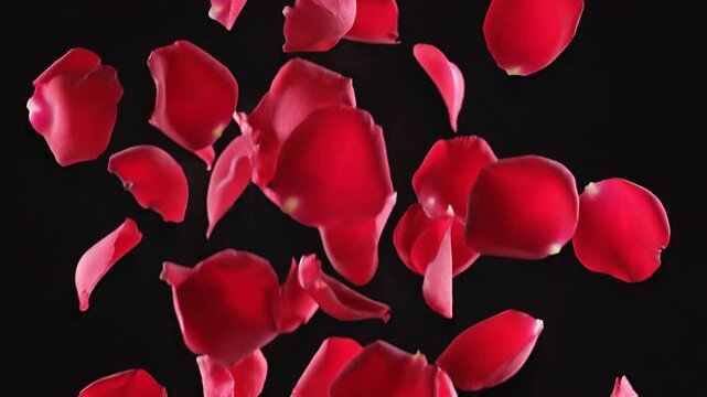 Super Slow Motion Falling Rose Petals on Clear Black Background
