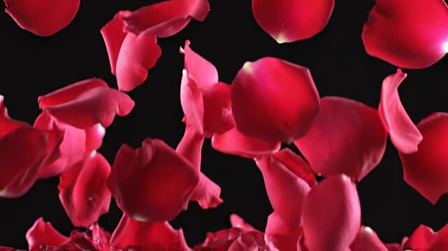Super Slow Motion Falling Rose Petals on Clear Black Background