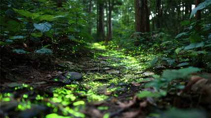 Fototapeta premium Monsters dance joyfully in whimsical night forest concept. A serene forest path illuminated by glowing green plants.