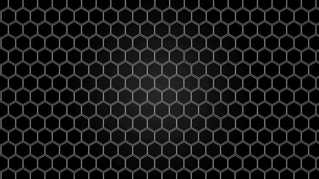 Black hexagonal honeycomb background. Seamless loop 3D render animation. Animated background of striped hexagons with cold illumination