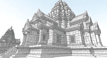 Detailed black and white sketch of an ancient Southeast Asian temple with intricate carvings, a prominent mythical face above the entrance, and lush jungle foliage.