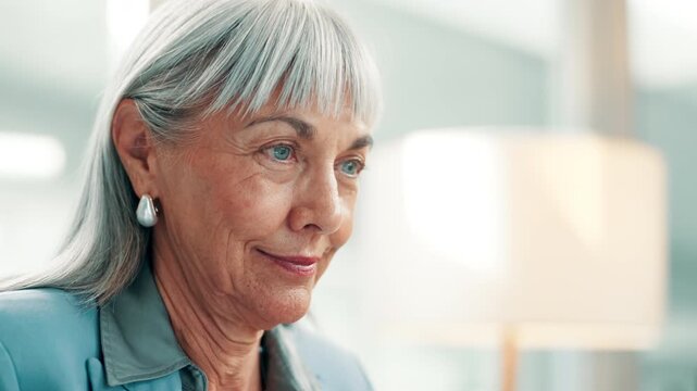 Computer, journalism and thinking with business woman in office for editing, news or reporting. Article, pc and solution with mature person in creative workplace for management as executive editor