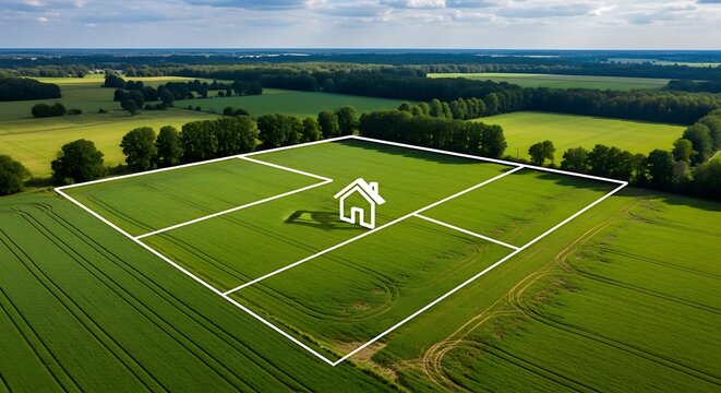 Aerial view of land division for real estate development with house icon