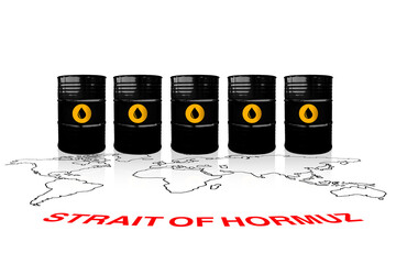 Crude oil prices go up. Crude oil barrels on a world map background with soft reflection and word...