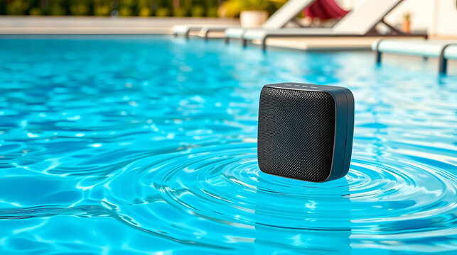 Speaker floats on rippling, azure pool water with blurry background of sun loungers and plants