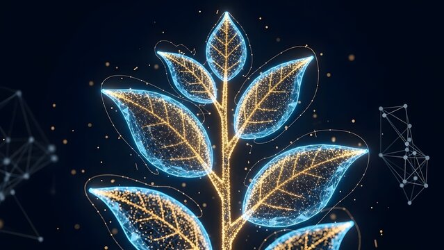 Biotechnology and genetic engineering for sustainable agriculture. Ecology and plant science. Glowing digital blue and gold wireframe plant leaves with neural network connections