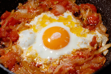 A fried egg with a yolk in the center of a pan with onions and tomatoes