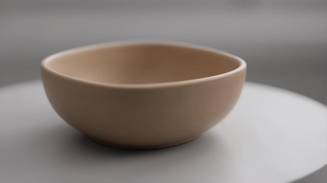 A minimalist beige ceramic bowl rests on a smooth, gray surface with soft lighting