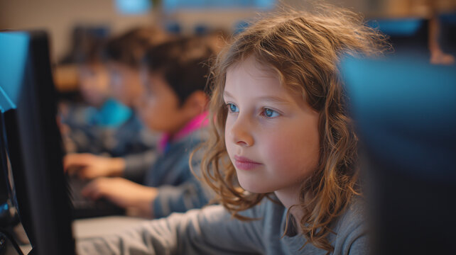 Elementary school students are using computers in the school computer lab.