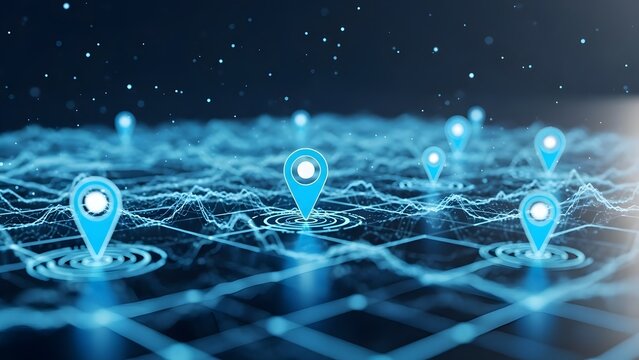 Digital map with blue location pins. Global logistics and navigation tracking. Grid landscape with glowing GPS markers and data waves for terrain analysis