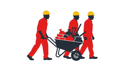 Construction Workers Pushing Wheelbarrow Together.
