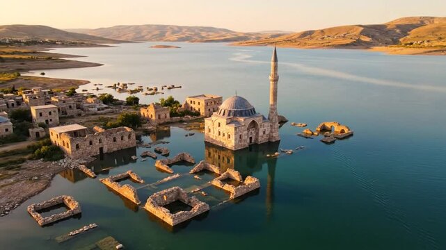 Drone view of submerged mosque and ruins in Halfeti Turkey at sunset, a haunting beauty in nature.