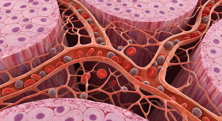 Detailed medical illustration of capillaries and blood cells for educational and healthcare use