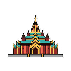 Obraz premium Vibrant temple with golden spire and teal roofs, traditional architecture, front view