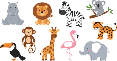 Cute safari animals cartoon set, lion zebra elephant giraffe monkey flamingo koala, adorable jungle animals illustration for kids © Mst