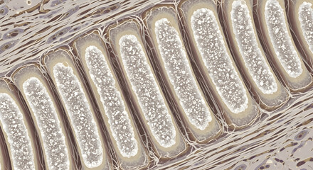 Microscopic image of muscle tissue showing sarcomeres and myofibrils for educational and medical use