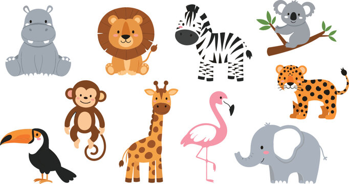 Cute safari animals cartoon set, lion zebra elephant giraffe monkey flamingo koala, adorable jungle animals illustration for kids