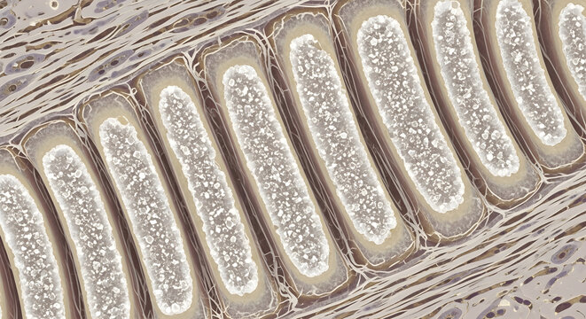 Microscopic image of muscle tissue showing sarcomeres and myofibrils for educational and medical use