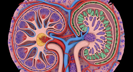 Detailed kidney anatomy illustration for educational and medical purposes