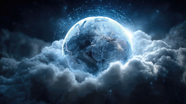 Sustainability shift through cloud technologies concept. A stunning visual of Earth surrounded by clouds and light effects.