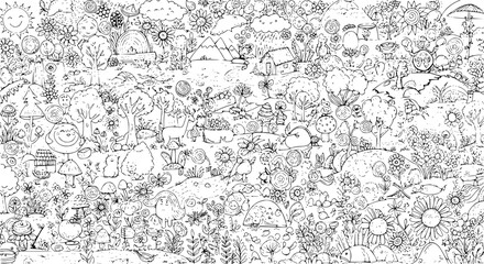 Obraz premium Detailed Whimsical Forest Doodle Illustration with Smiling Nature Elements, Adorable Fantasy Creatures, and a Cute House in a Hand-Drawn Black and White Coloring Book Style