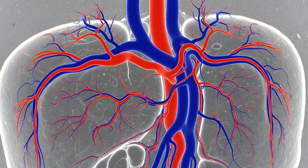 Detailed human respiratory system with arteries and veins for educational and medical use