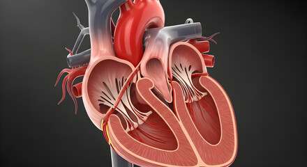 Detailed medical illustration of human heart anatomy with aortic valve and arteries for educational purposes