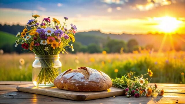 Freshly baked bread and wildflowers on a rustic table at sunset