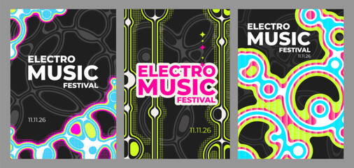 Abstract music poster with colorful geometric patterns and halftones, retro vector background set. Modern sound design for party flyers, concert invitations, electronic music event templates